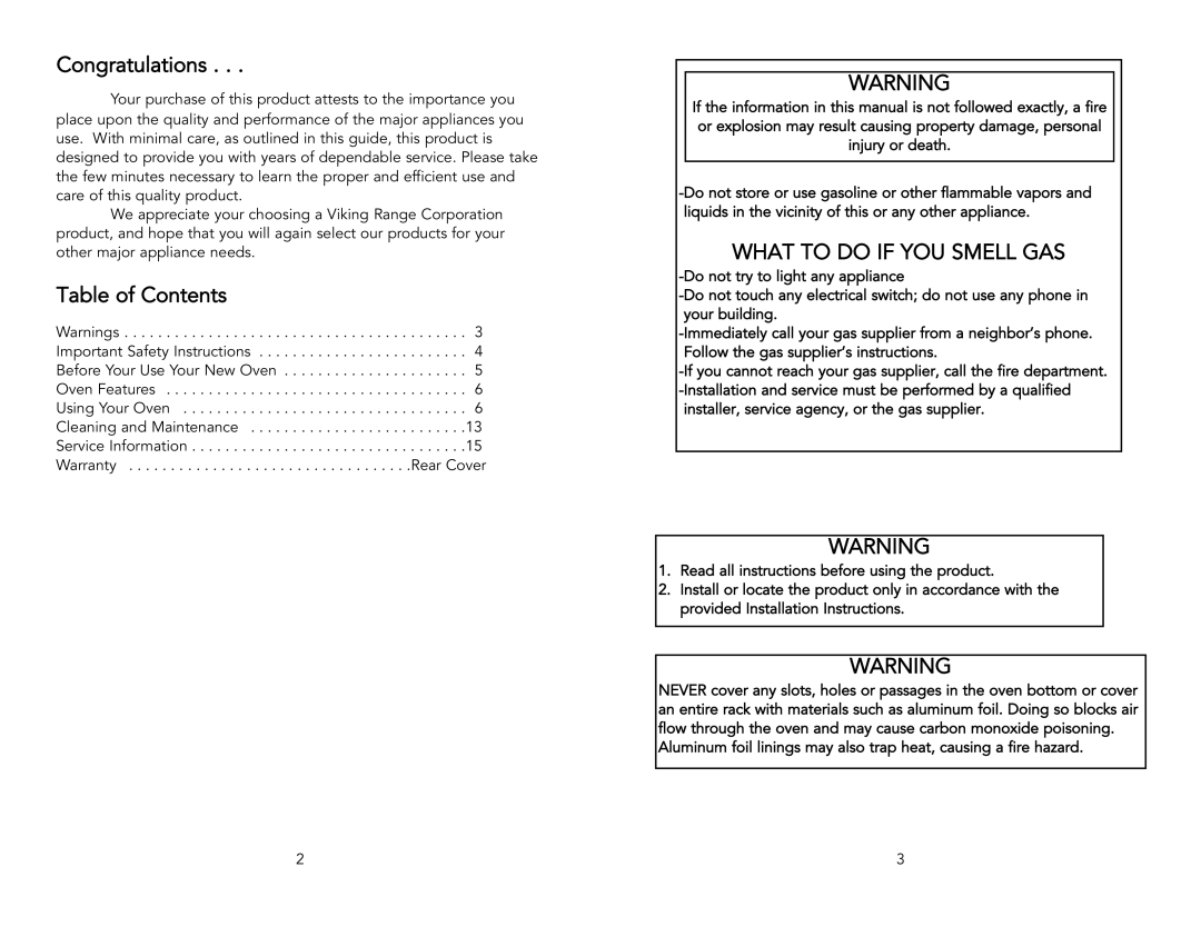 Viking F20288 specifications Congratulations, Table of Contents 