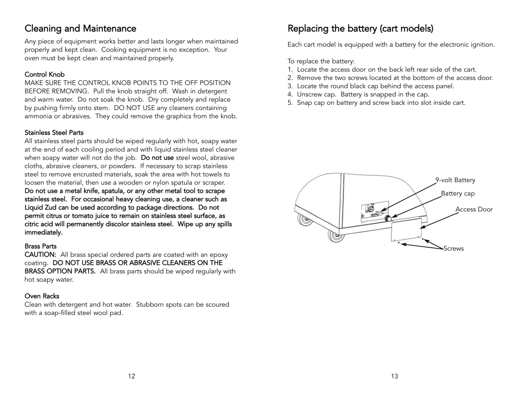 Viking F20288 specifications Cleaning and Maintenance, Replacing the battery cart models 