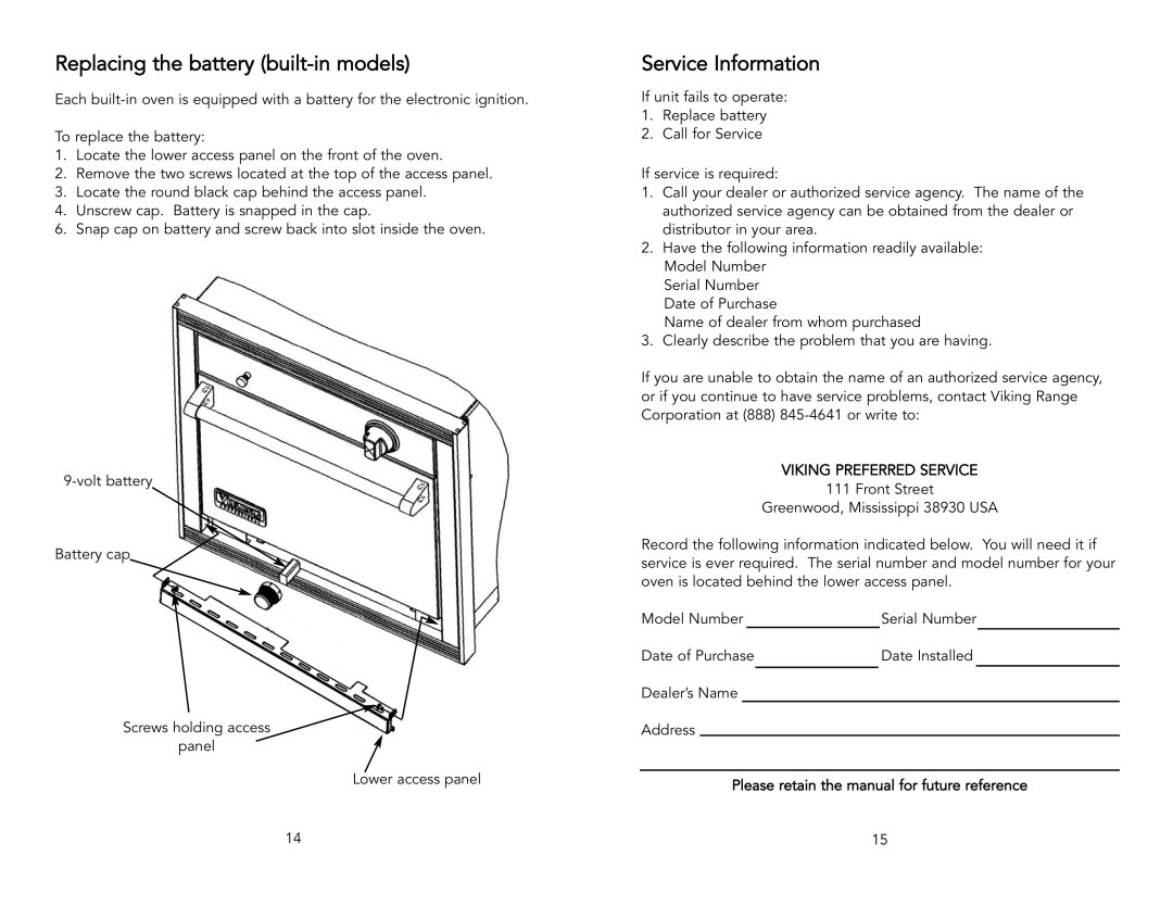 Viking F20288 specifications Replacing the battery built-in models, Service Information 