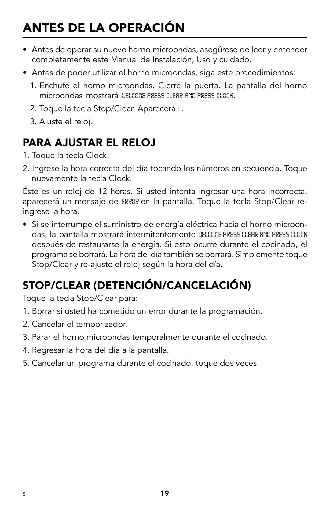 Viking F20303 manual Antes DE LA Operación, Para Ajustar EL Reloj, Stop/clear Detención/Cancelación 