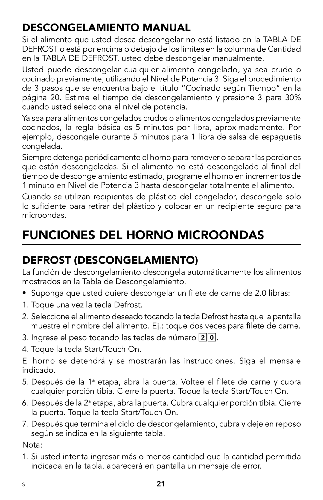 Viking F20303 manual Funciones DEL Horno Microondas, Descongelamiento Manual, Defrost Descongelamiento 