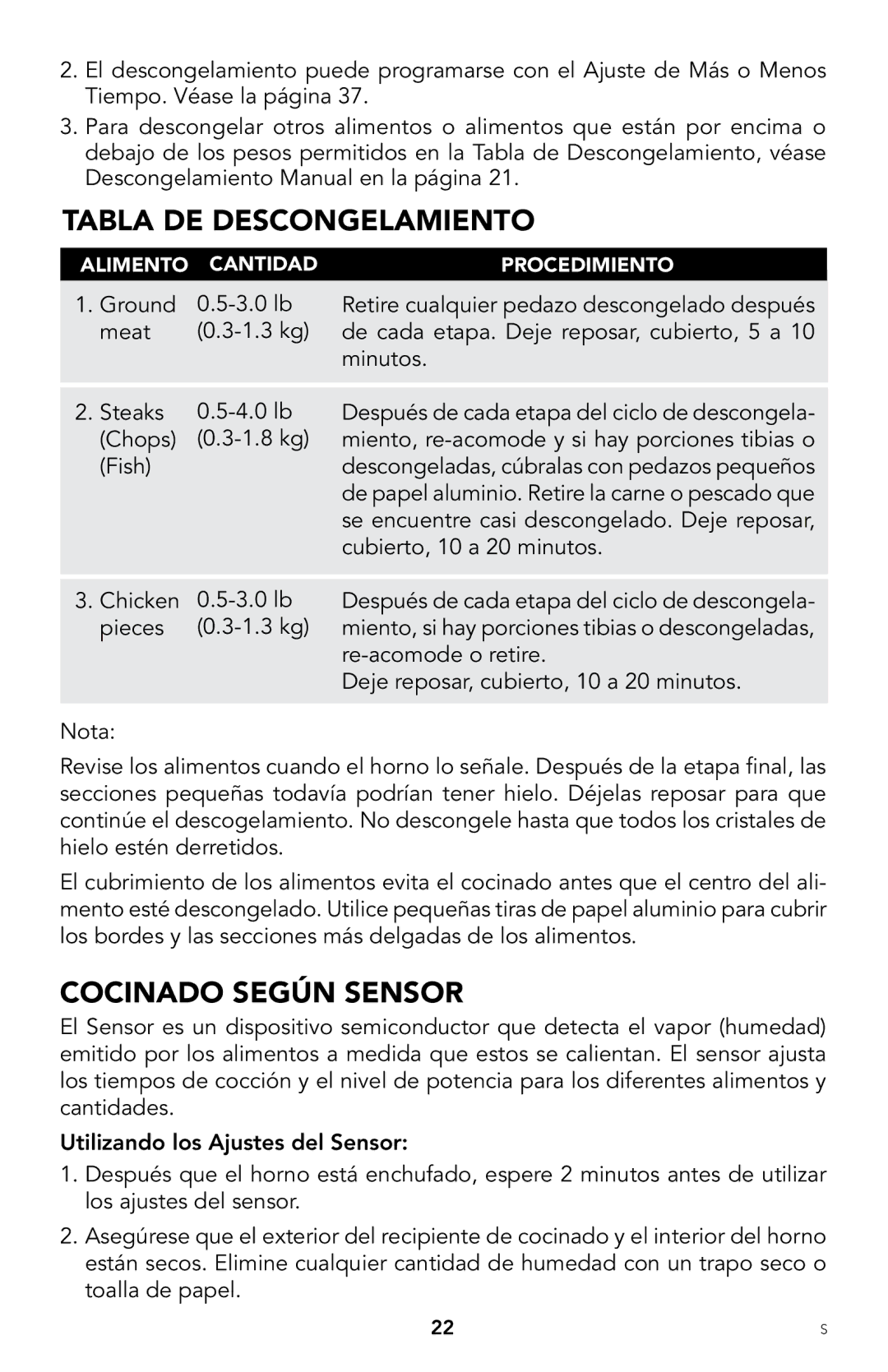 Viking F20303 manual Tabla DE Descongelamiento, Cocinado Según Sensor 