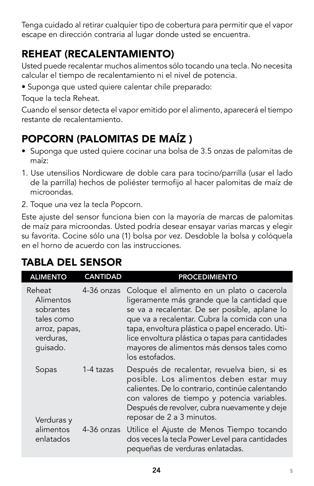 Viking F20303 manual Reheat Recalentamiento, Popcorn Palomitas DE Maíz, Tabla DEL Sensor 