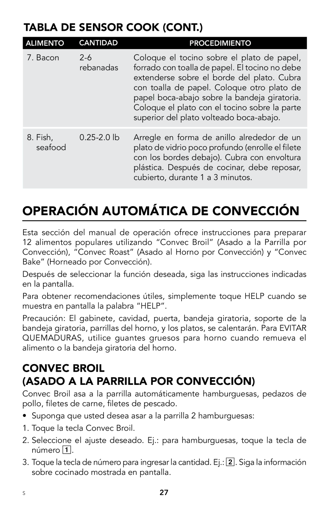 Viking F20303 manual Operación Automática DE Convección, Convec Broil Asado a LA Parrilla POR Convección 