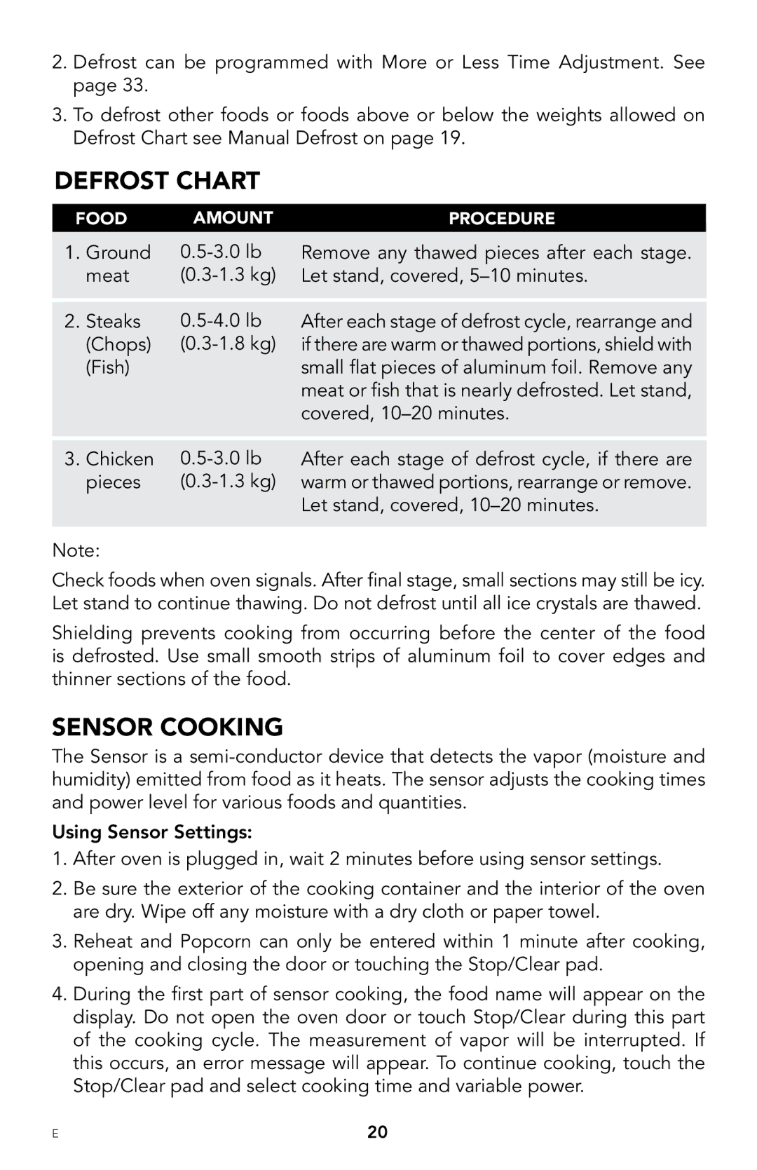 Viking F20303 manual Defrost Chart, Sensor Cooking 