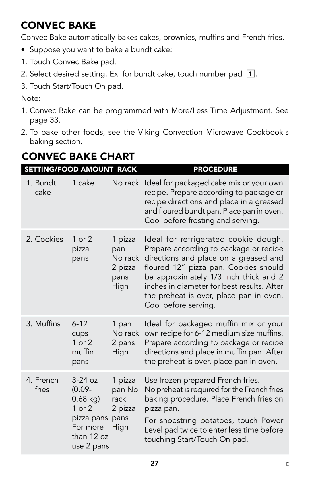 Viking F20303 manual Convec bake, Convec Bake Chart 