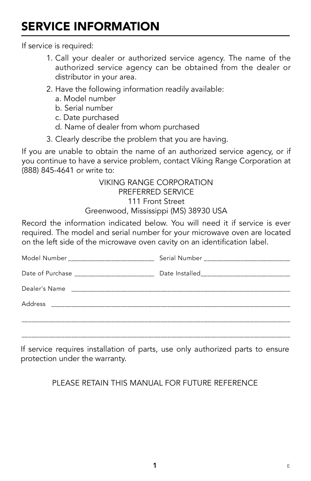 Viking F20303 manual Service Information, Viking Range Corporation Preferred Service 