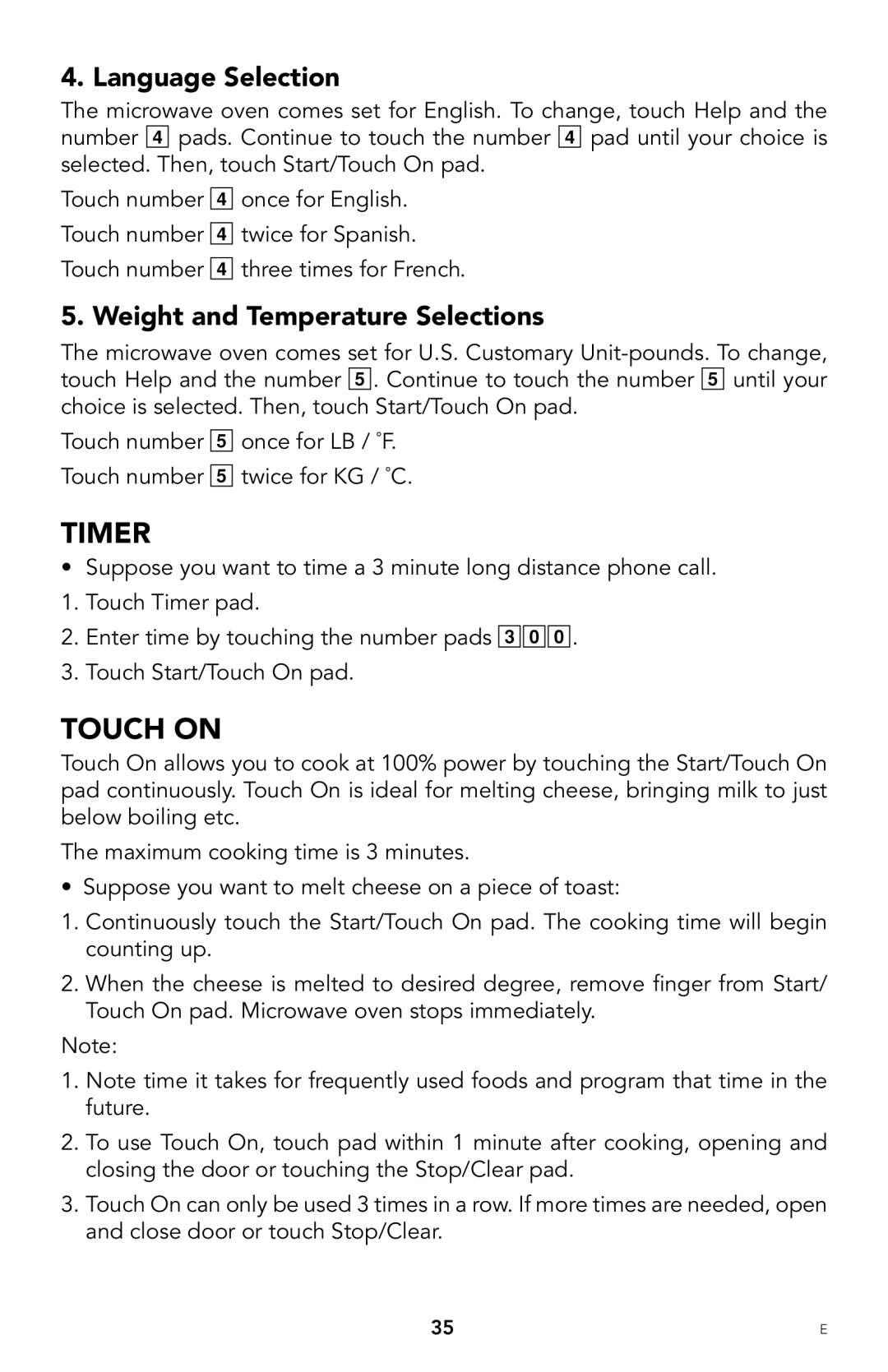 Viking F20303 manual Timer, Touch on, Language Selection, Weight and Temperature Selections 