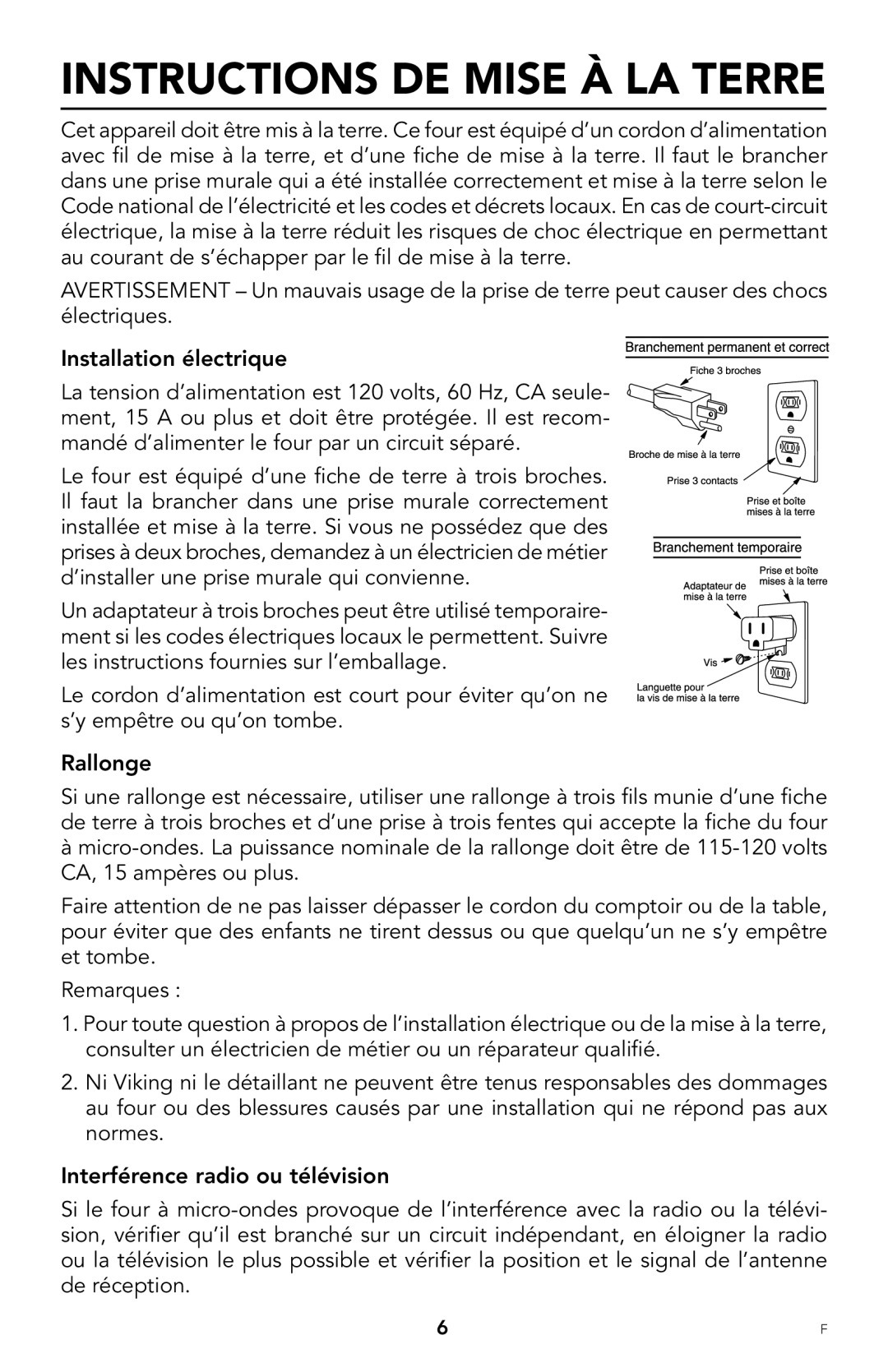 Viking F20303 manual Instructions de mise à la terre 