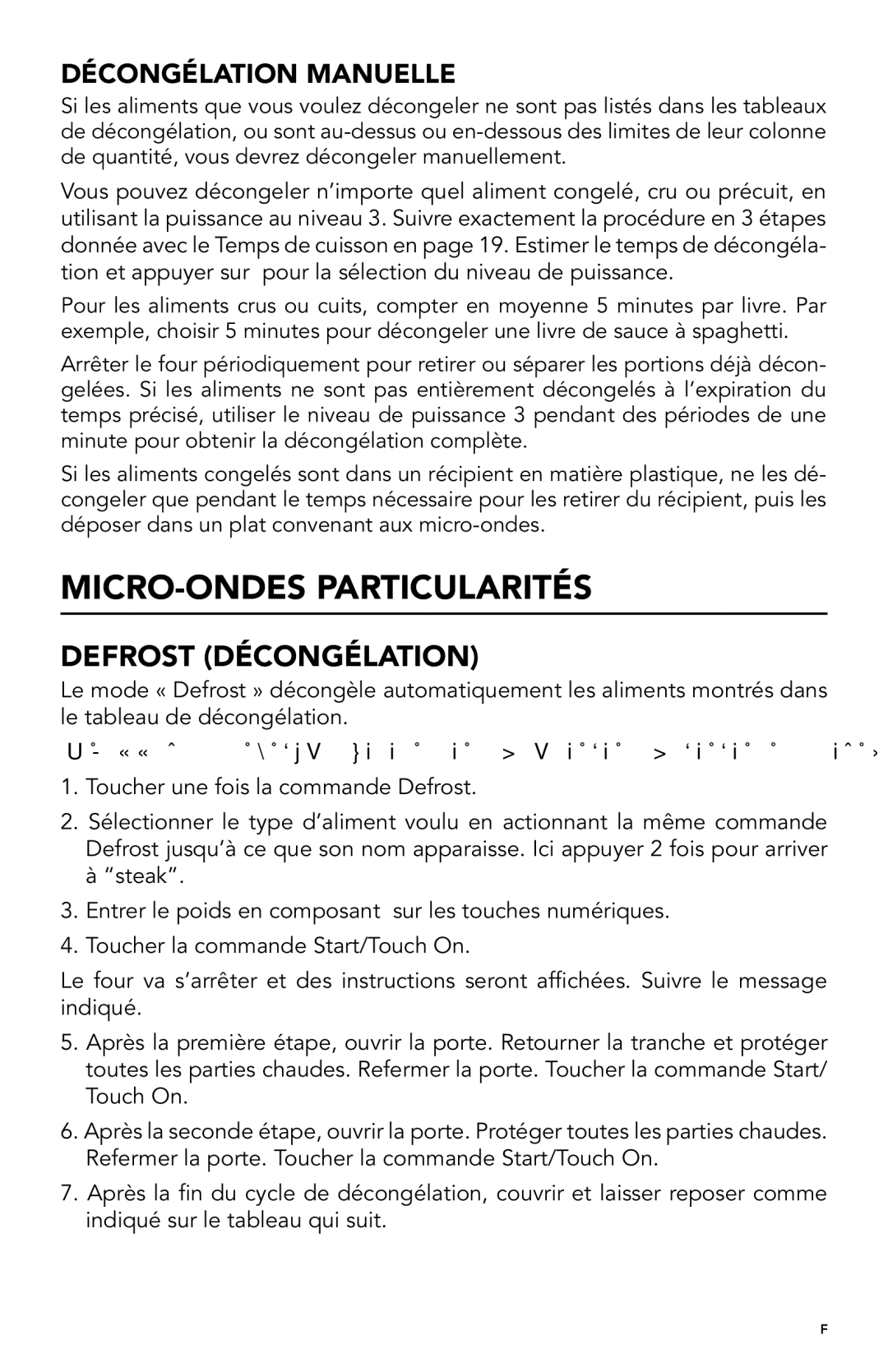 Viking F20303 manual Micro-ONDES Particularités, Defrost Décongélation, Décongélation manuelle 