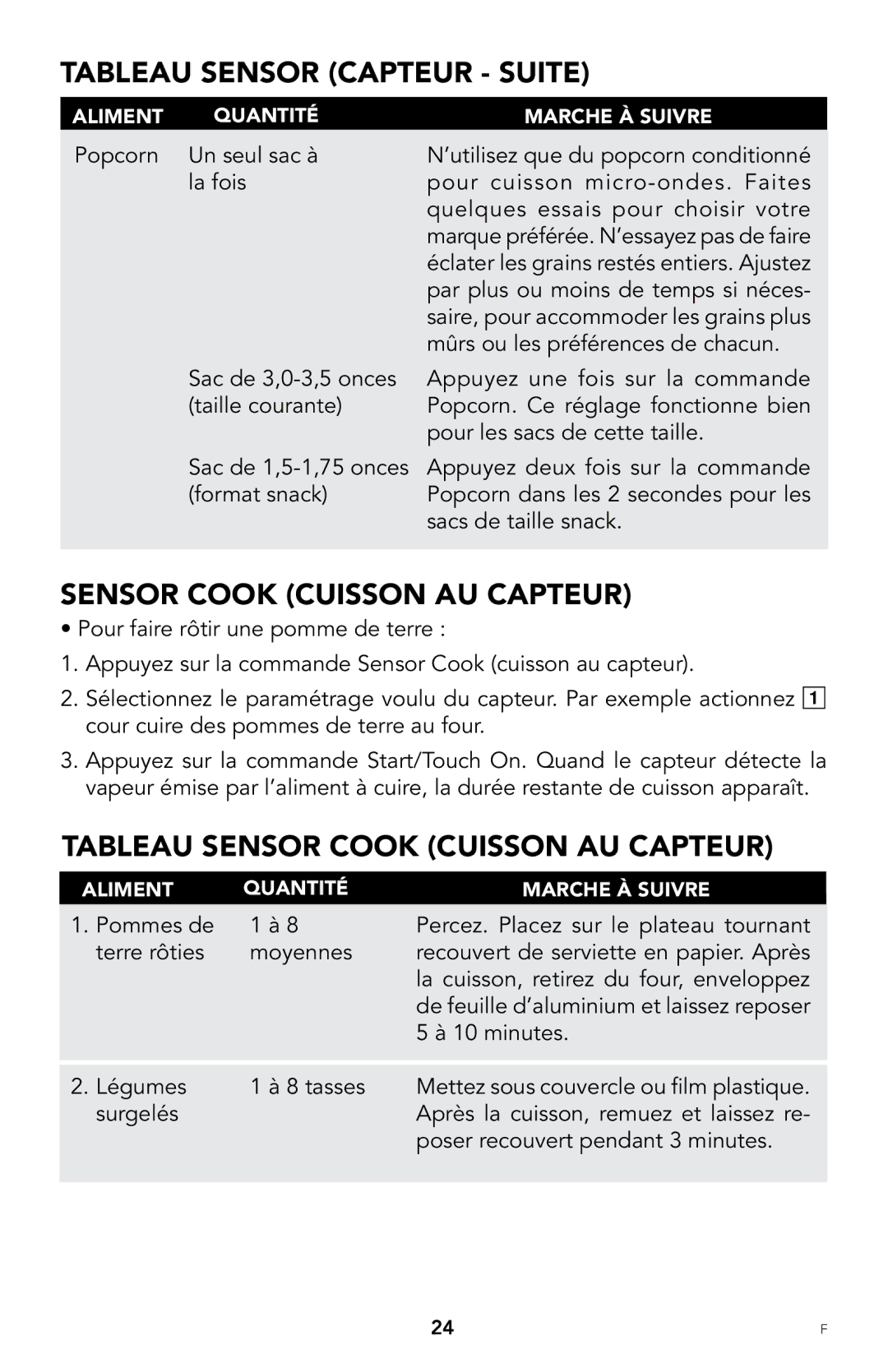 Viking F20303 manual Tableau sensor Capteur Suite, Sensor Cook Cuisson AU Capteur, Tableau sensor cook Cuisson AU Capteur 