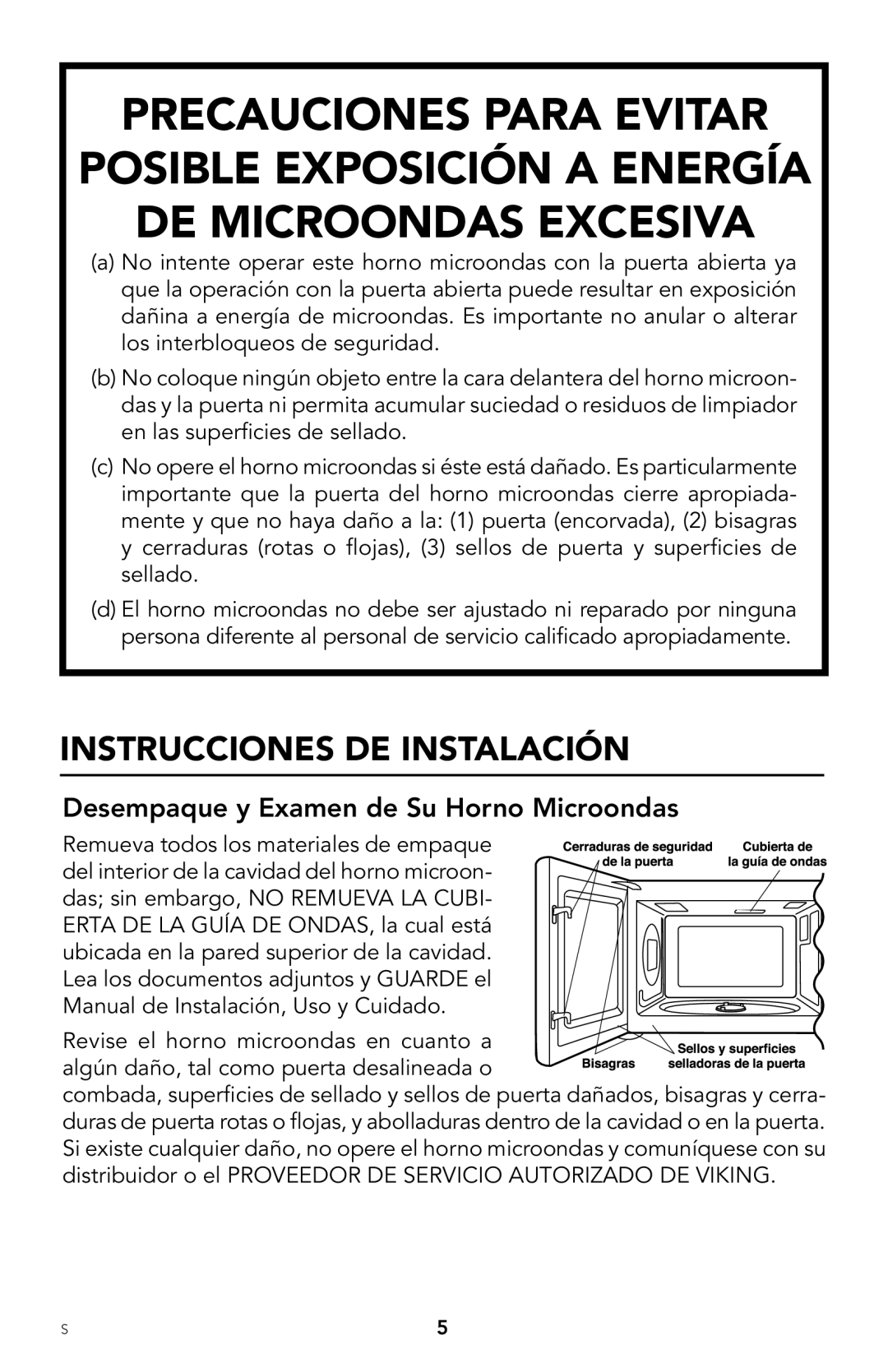 Viking F20303 manual Instrucciones DE Instalación, Desempaque y Examen de Su Horno Microondas 