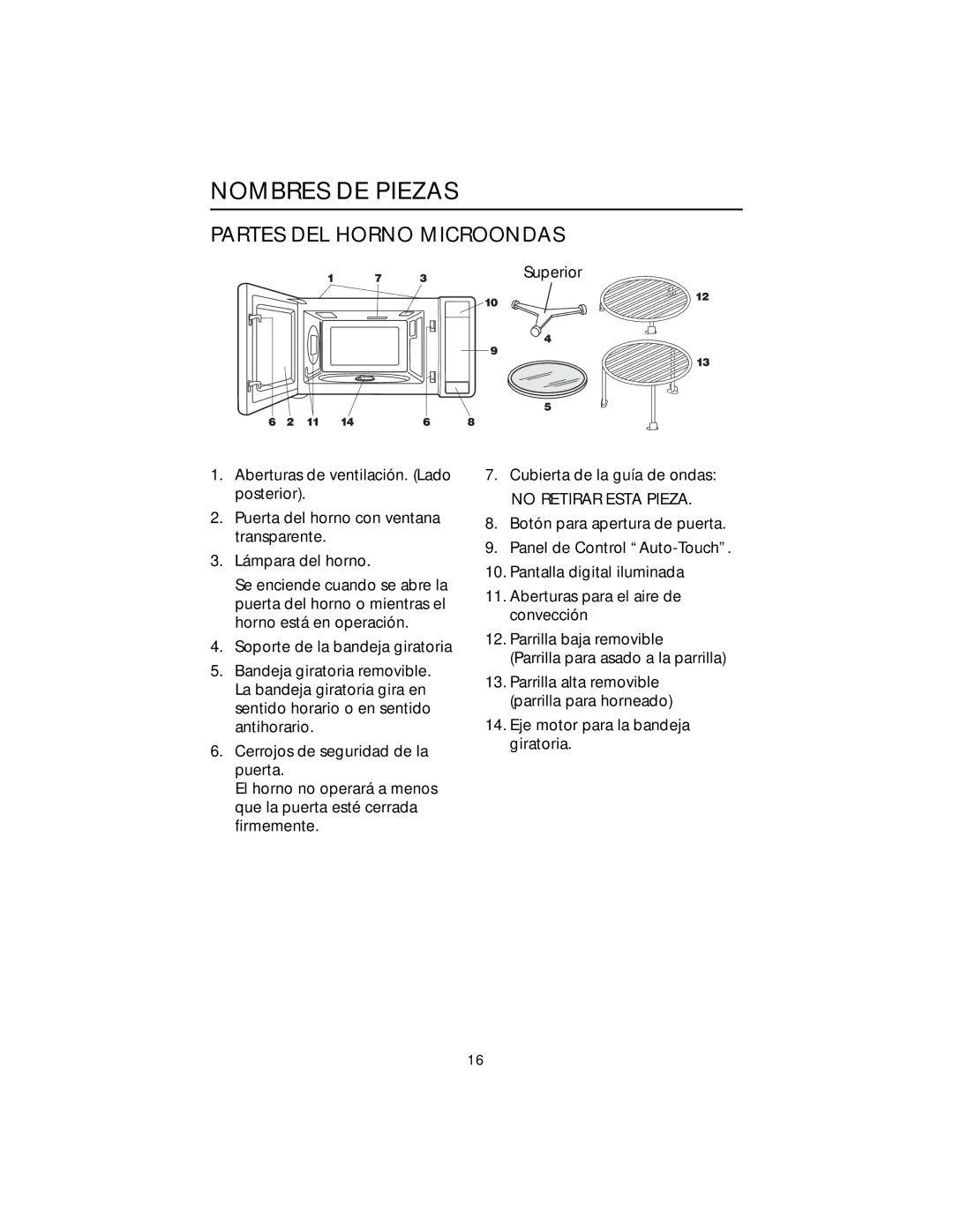 Viking F20303 manual Nombres DE Piezas, Partes DEL Horno Microondas, No Retirar Esta Pieza 