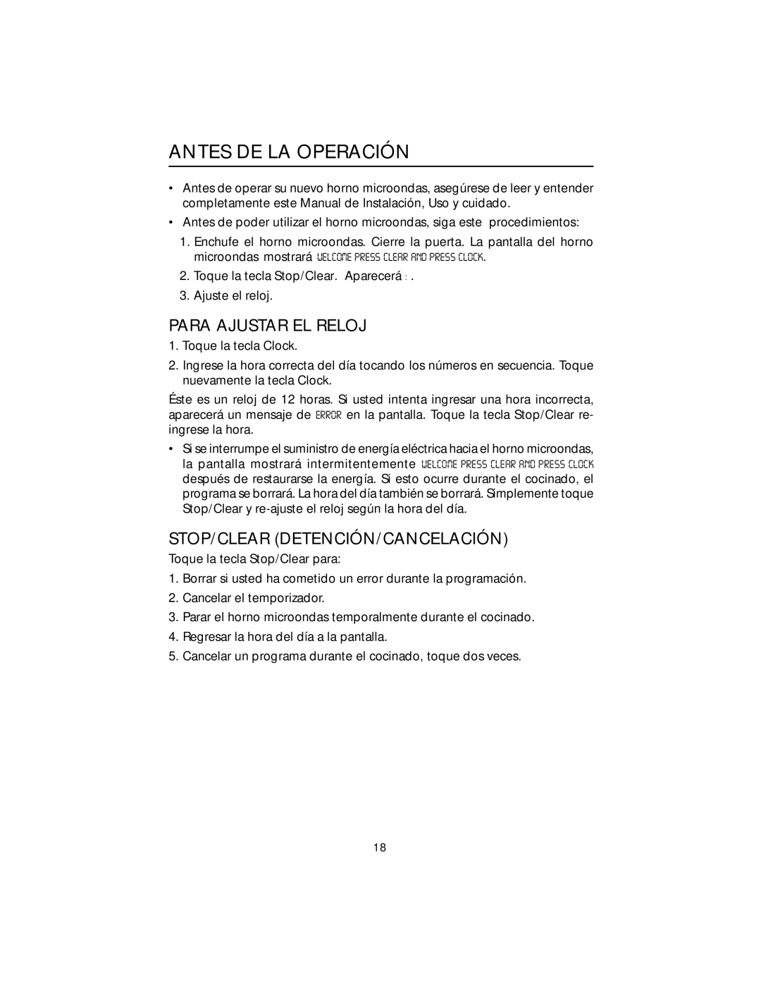 Viking F20303 manual Antes DE LA Operación, Para Ajustar EL Reloj, Stop/Clear Detención/Cancelación 