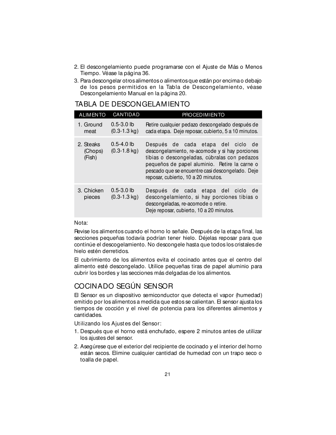 Viking F20303 manual Tabla DE Descongelamiento, Cocinado Según Sensor, Utilizando los Ajustes del Sensor 