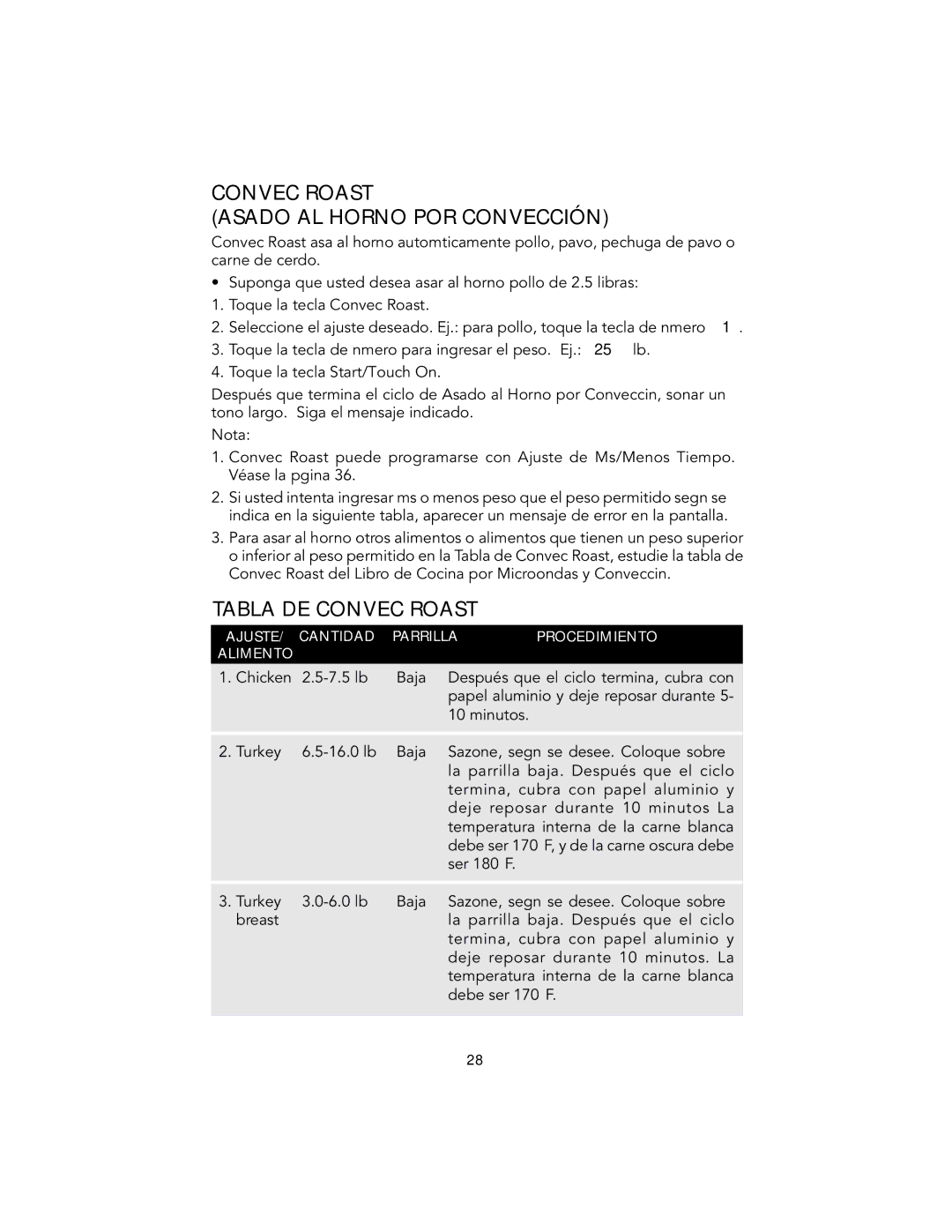 Viking F20303 manual Convec Roast Asado AL Horno POR Convección, Tabla DE Convec Roast 