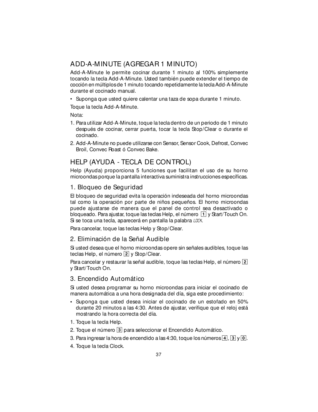 Viking F20303 manual ADD-A-MINUTE Agregar 1 Minuto, Help Ayuda Tecla DE Control, Bloqueo de Seguridad, Encendido Automático 