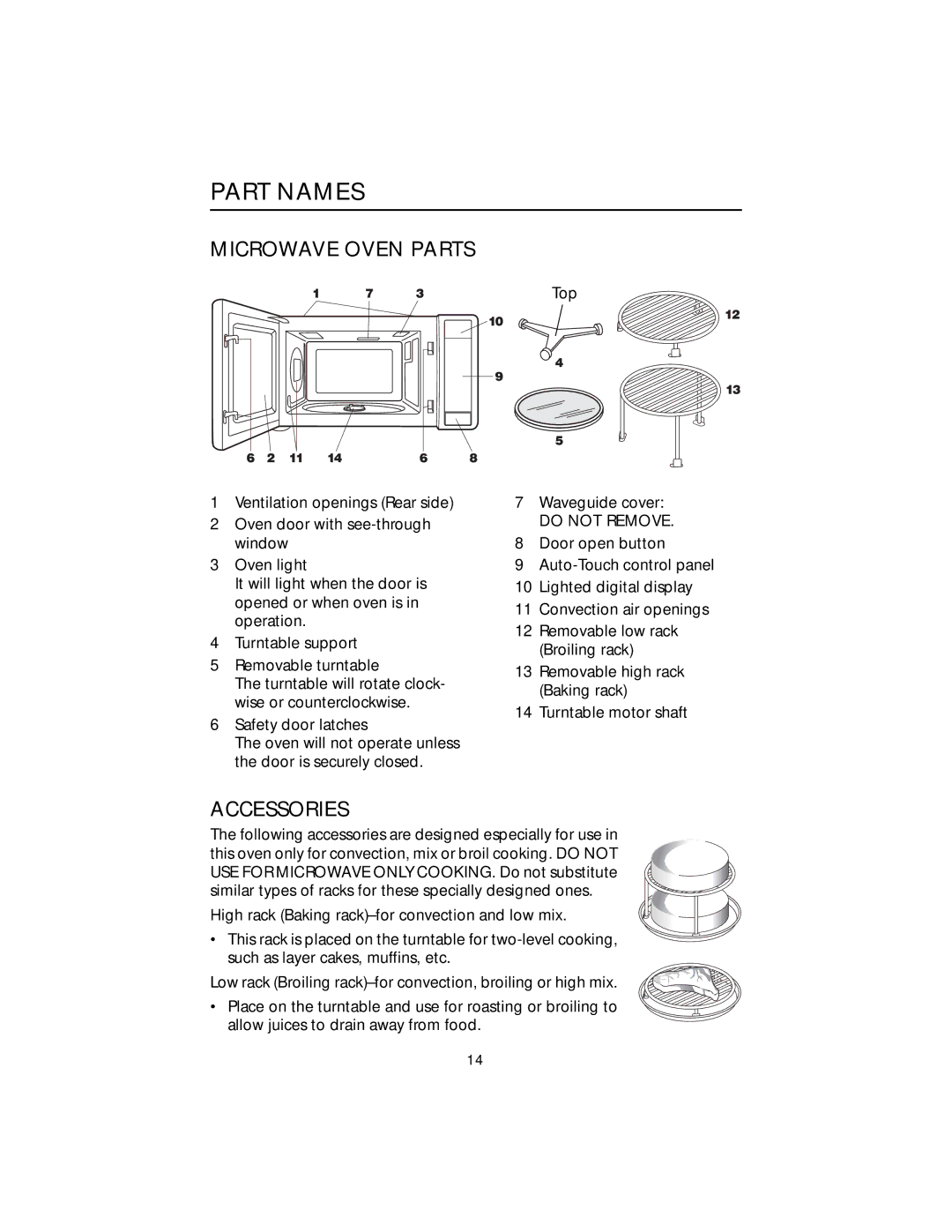 Viking F20303 manual Part Names, Microwave Oven Parts, Accessories, Do not Remove 