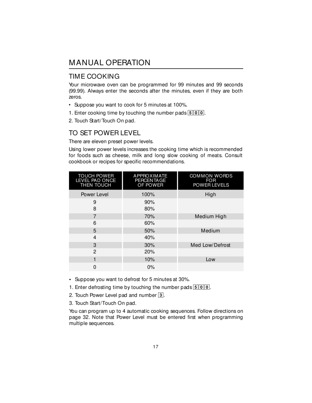 Viking F20303 manual Manual Operation, Time Cooking, To SET Power Level 