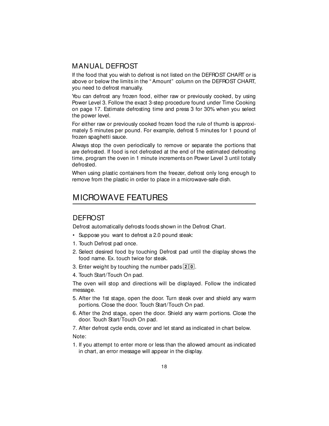 Viking F20303 manual Microwave Features, Manual Defrost 