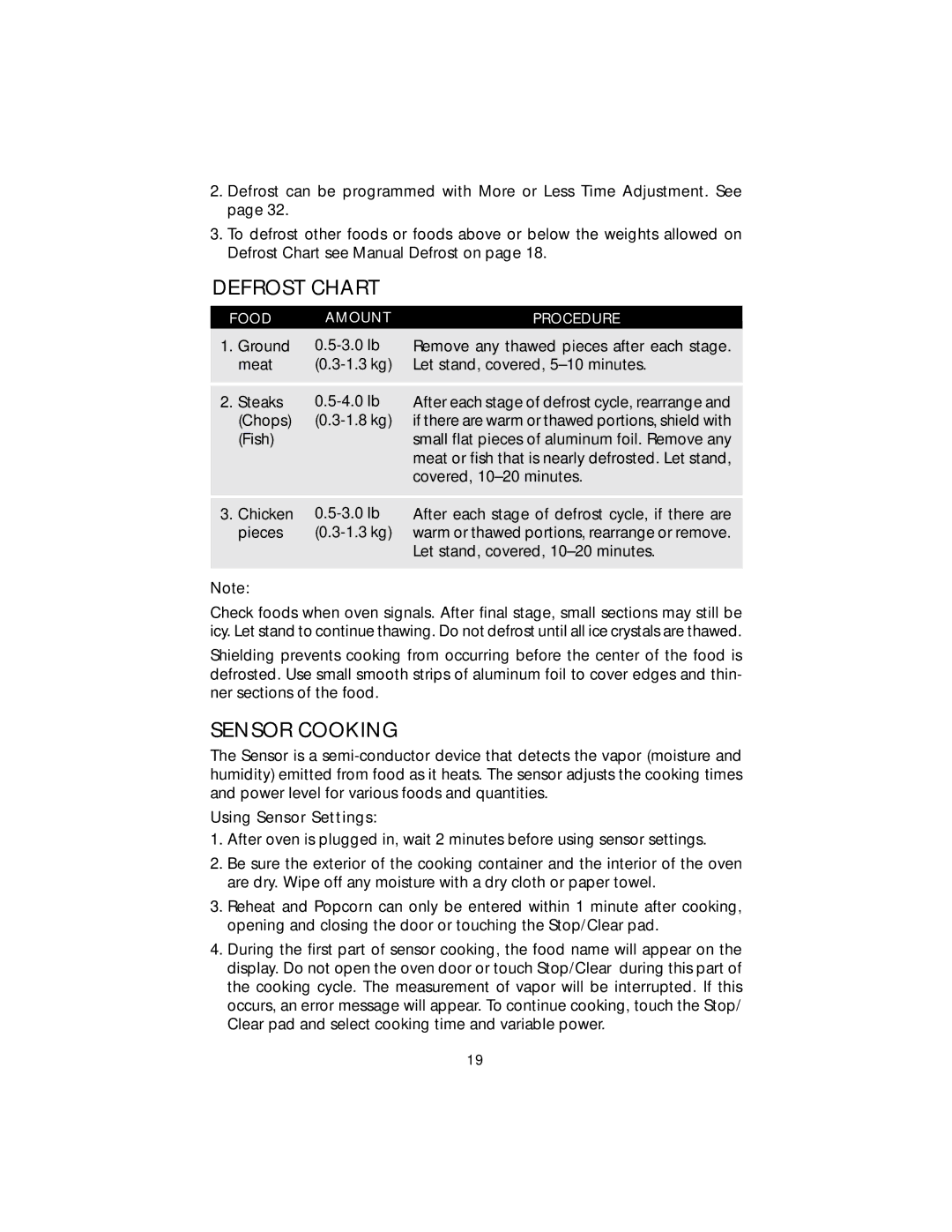 Viking F20303 manual Defrost Chart, Sensor Cooking, Using Sensor Settings 