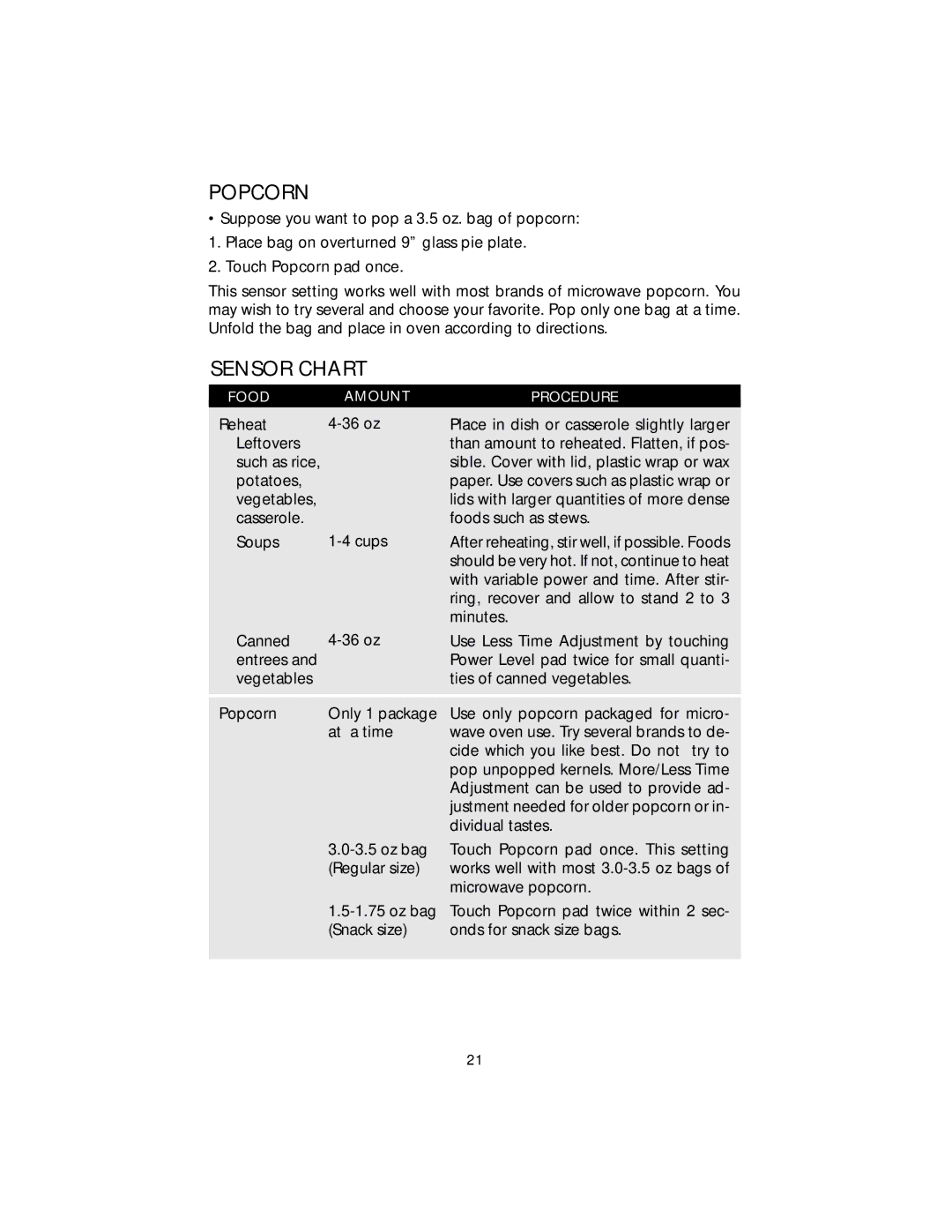 Viking F20303 manual Popcorn, Sensor Chart 