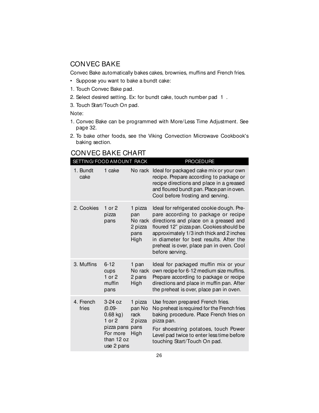 Viking F20303 manual Convec Bake Chart 