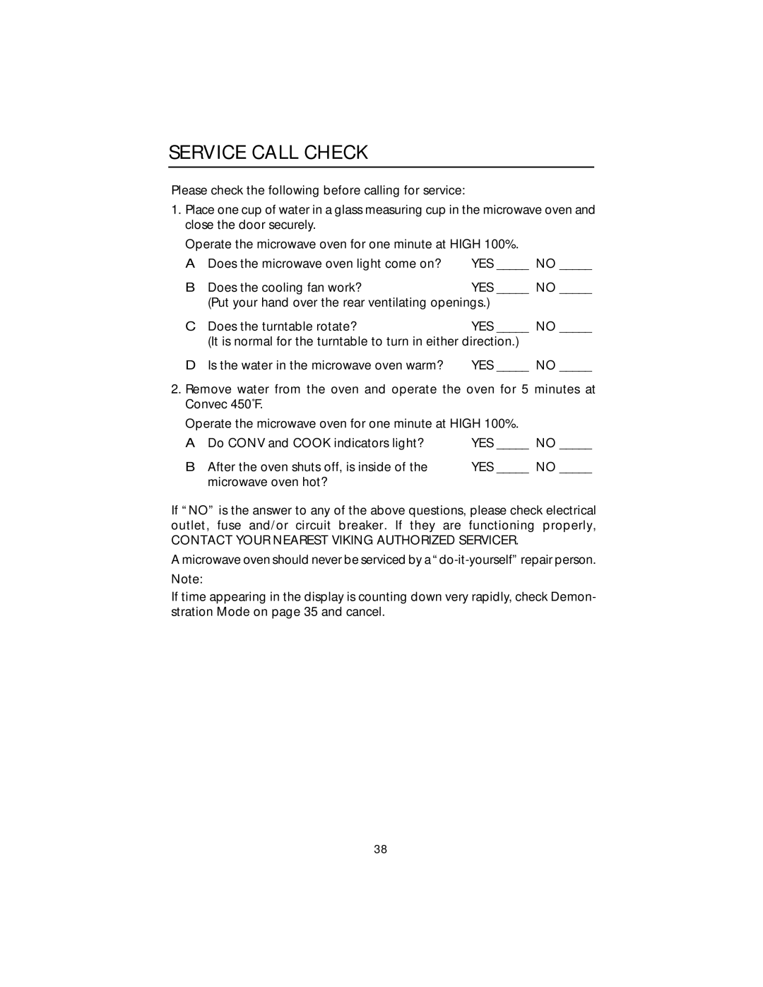 Viking F20303 manual Service Call Check, Contact Your Nearest Viking Authorized Servicer 