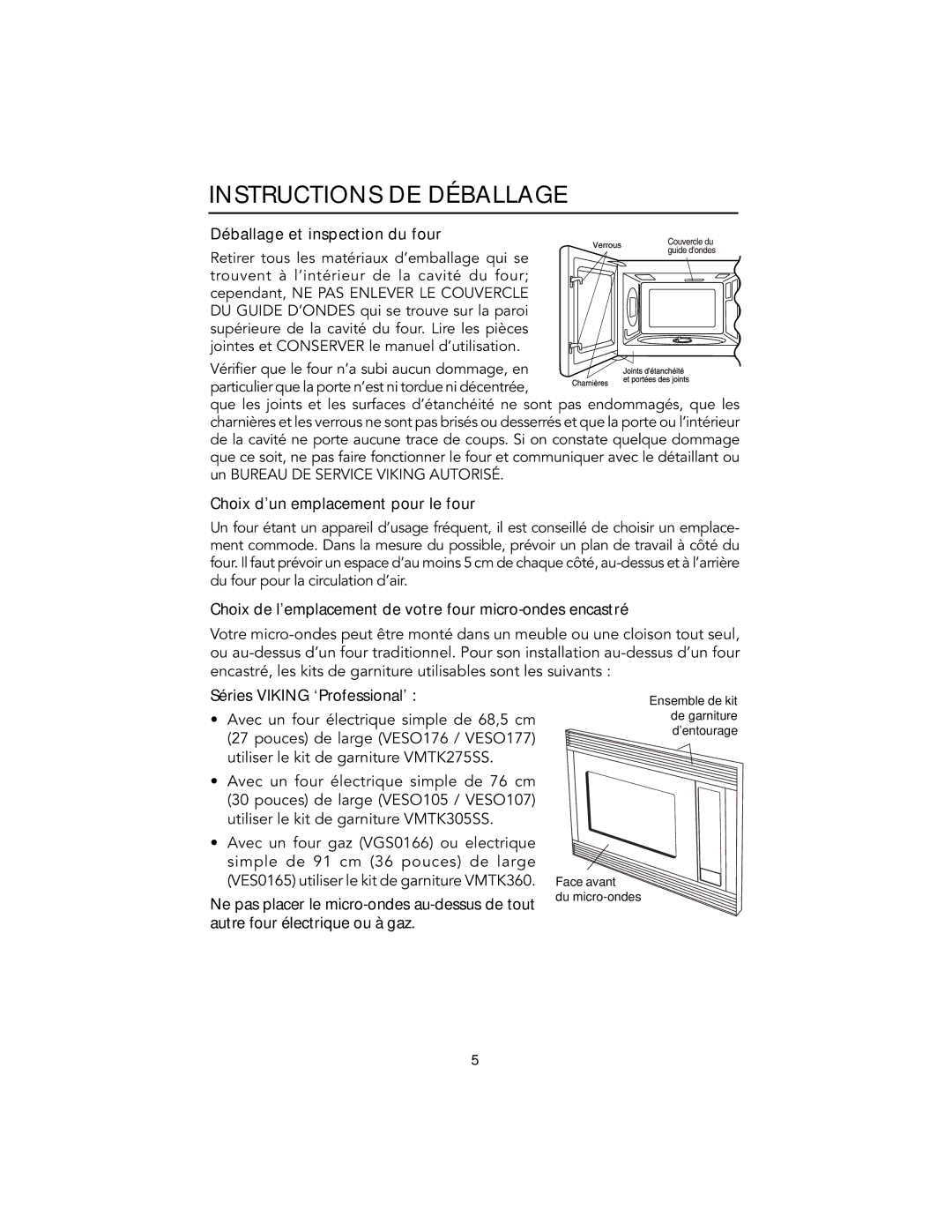 Viking F20303 manual Instructions DE Déballage, Déballage et inspection du four, Choix d’un emplacement pour le four 