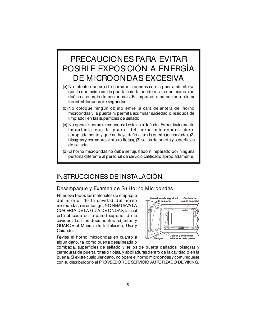 Viking F20303 manual Instrucciones DE Instalación, Desempaque y Examen de Su Horno Microondas 