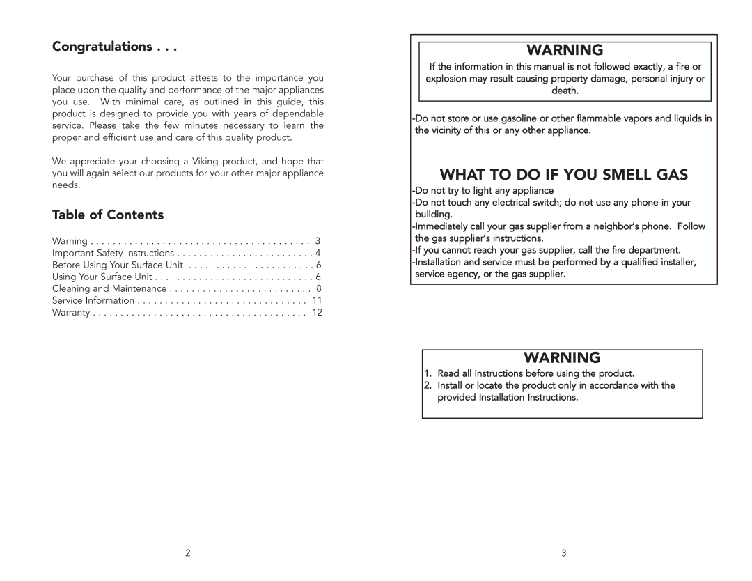 Viking F20333A manual Congratulations, Table of Contents 