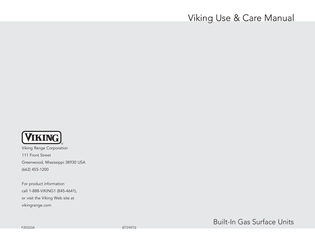 Viking F20333A manual Viking Use & Care Manual, Built-In Gas Surface Units 