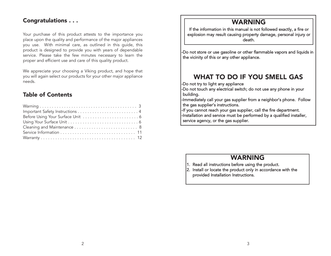 Viking F20333A manual What To Do If You Smell Gas, Congratulations, Table of Contents 