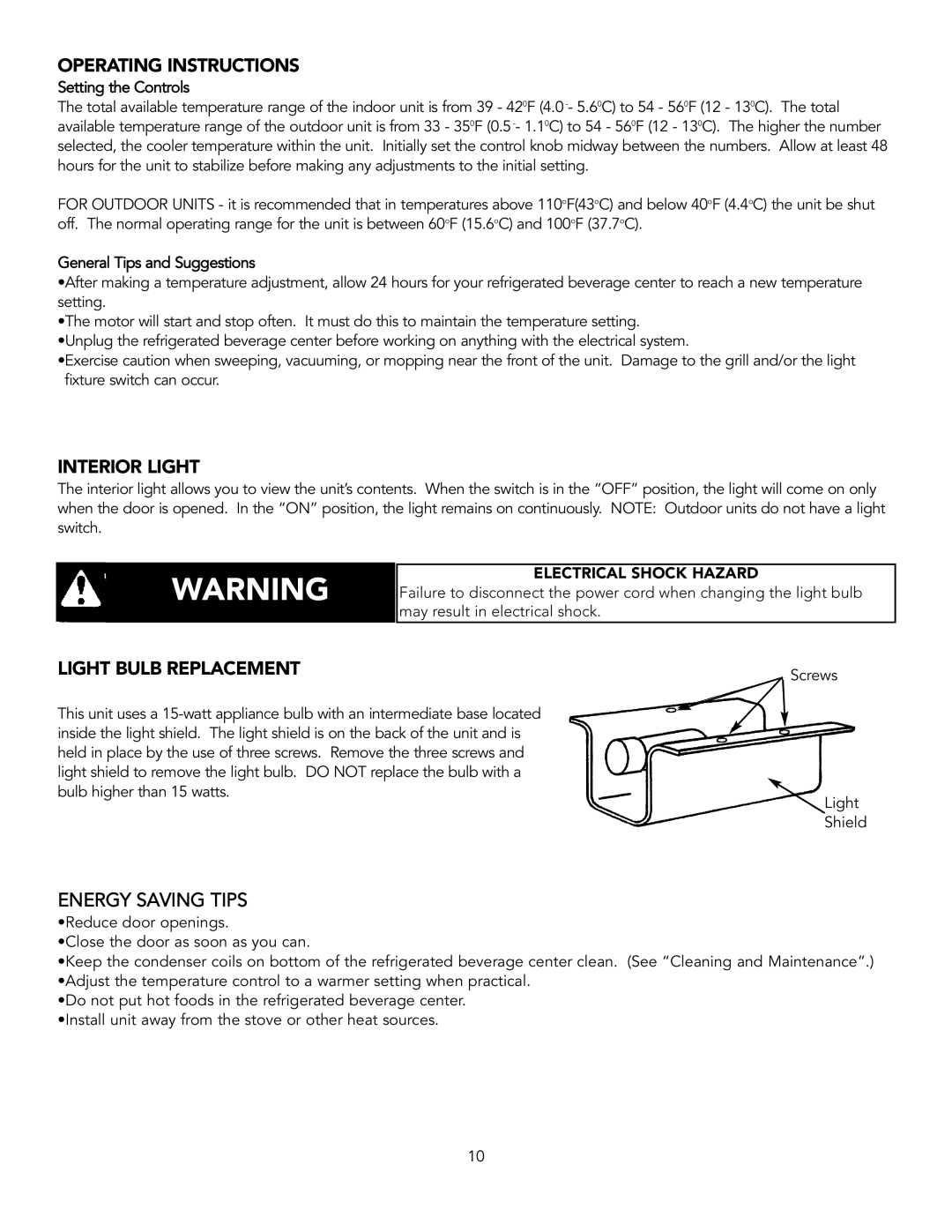 Viking F20347B installation instructions Operating Instructions, Interior Light, Light Bulb Replacement 