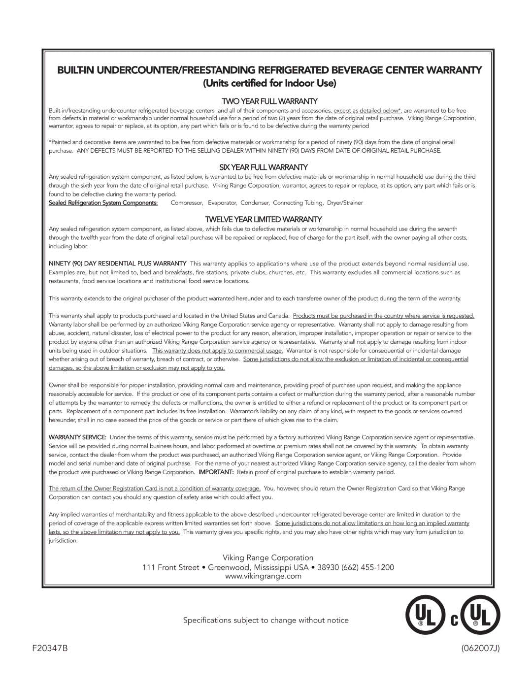 Viking F20347B, 24 W. Undercounter/Freestanding Refrigerated Beverage Center installation instructions 