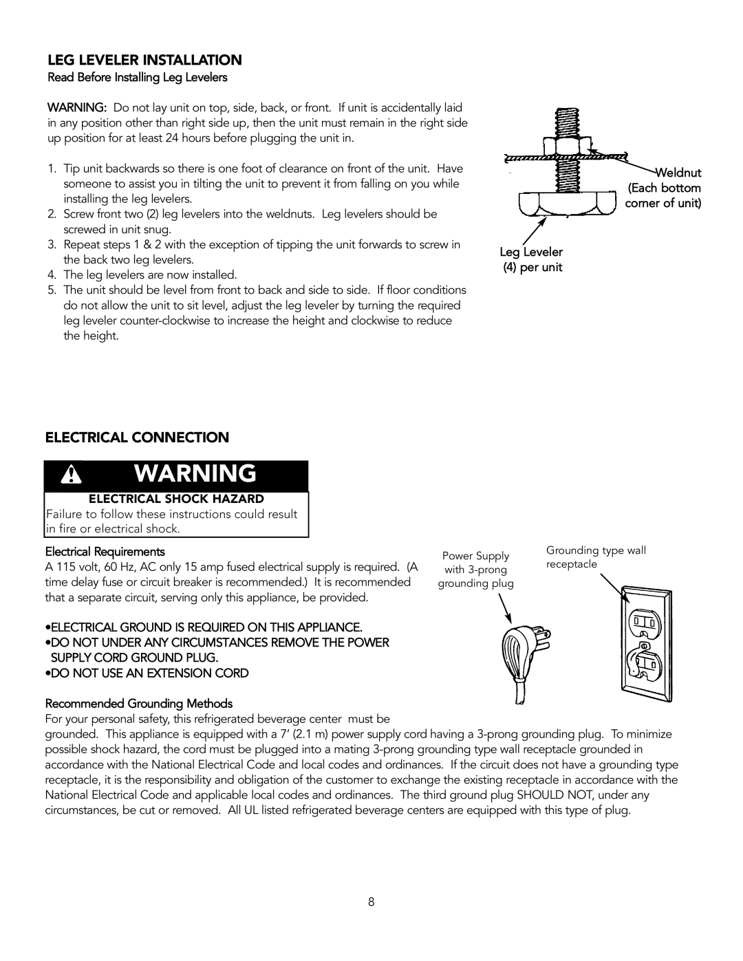 Viking F20347B installation instructions LEG Leveler Installation, Electrical Connection 