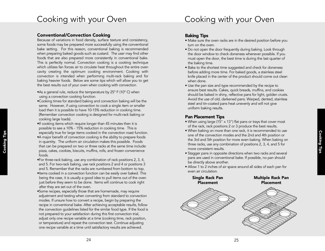 Viking F20362J manual Conventional/Convection Cooking, Baking Tips, Pan Placement Tips 