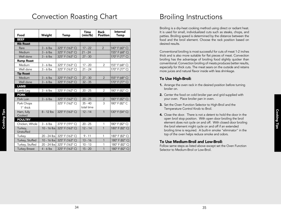 Viking F20362J Convection Roasting Chart, Broiling Instructions, To Use High-Broil, To Use Medium-Broil and Low-Broil 