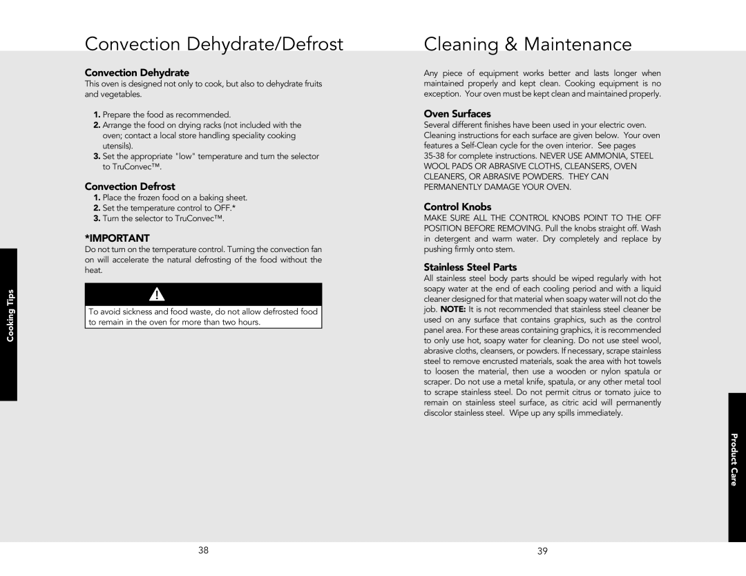 Viking F20362J manual Convection Dehydrate/Defrost, Cleaning & Maintenance 