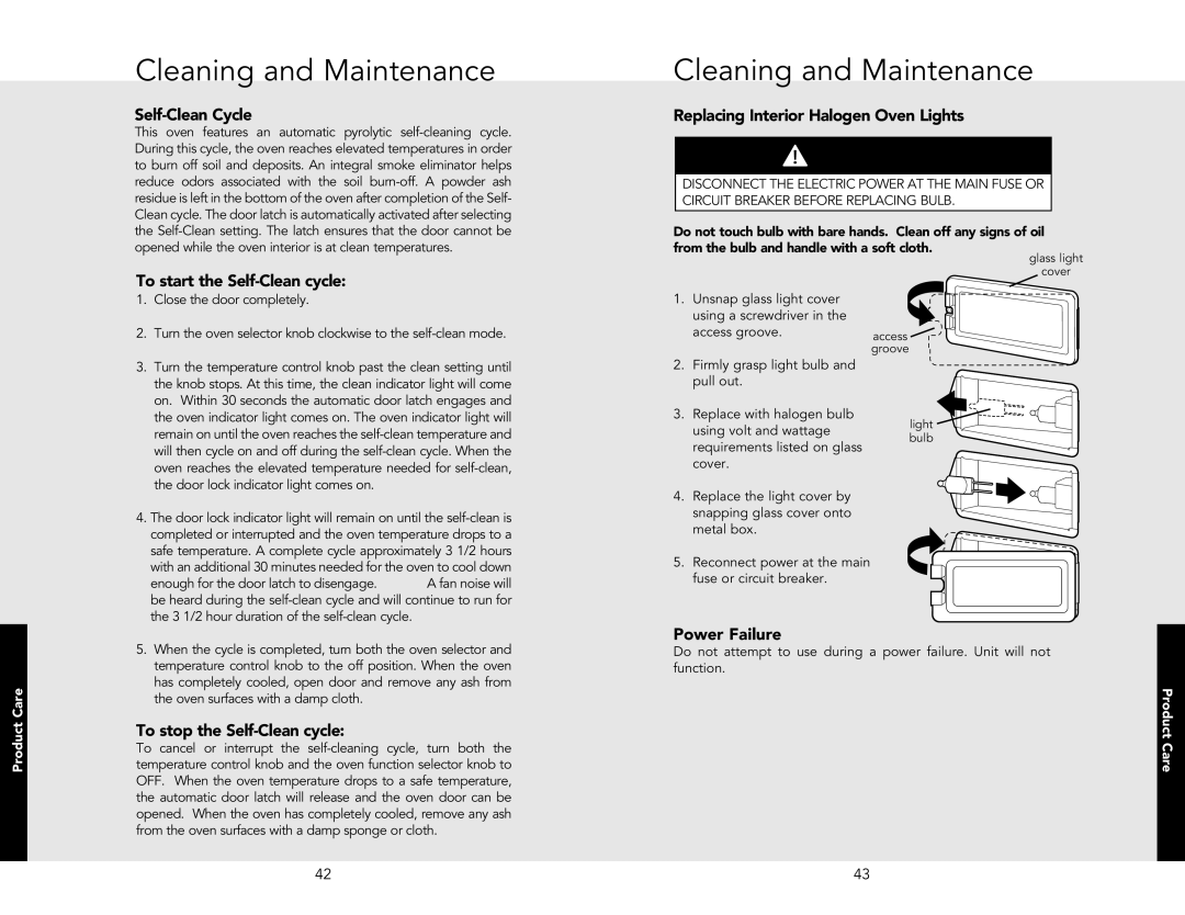 Viking F20362J Self-Clean Cycle, To start the Self-Clean cycle, Replacing Interior Halogen Oven Lights, Power Failure 