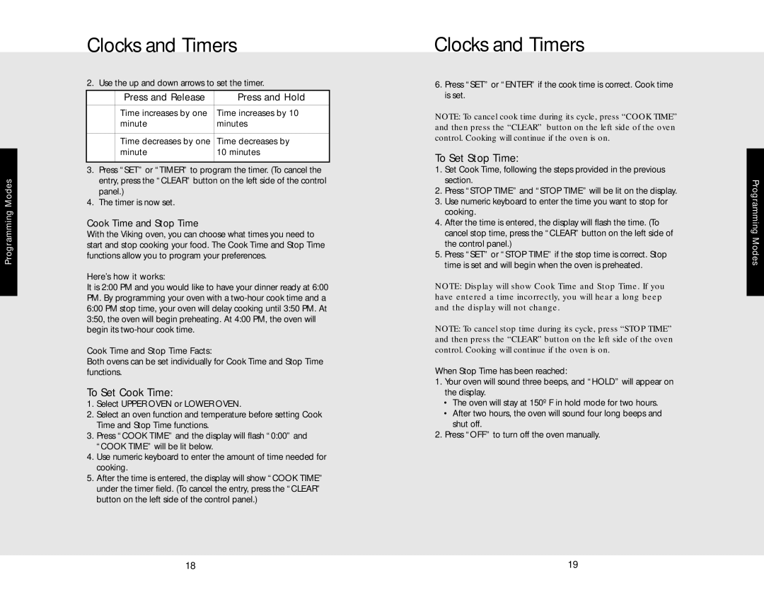 Viking DEDO530TSS ToSet Cook Time, To Set Stop Time, Cook Time and Stop Time, Use the up and down arrowsto set the timer 