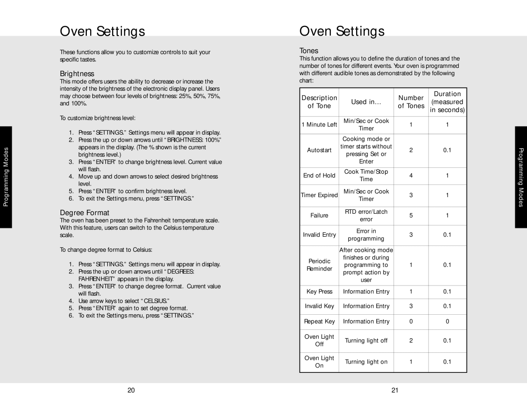 Viking DEDO527TSS, F20366B, DEDO530TSS manual Oven Settings, Brightness, Degree Format, Tones 