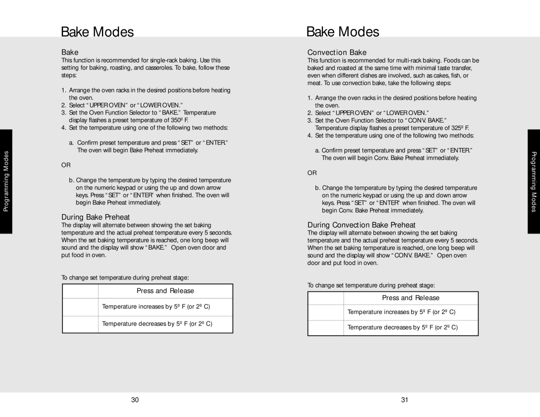 Viking DEDO530TSS, F20366B, DEDO527TSS Bake Modes, During Bake Preheat, During Convection Bake Preheat, Press and Release 