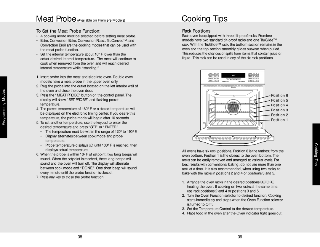 Viking DEDO527TSS, F20366B, DEDO530TSS manual Cooking Tips, To Set the Meat Probe Function, Rack Positions 