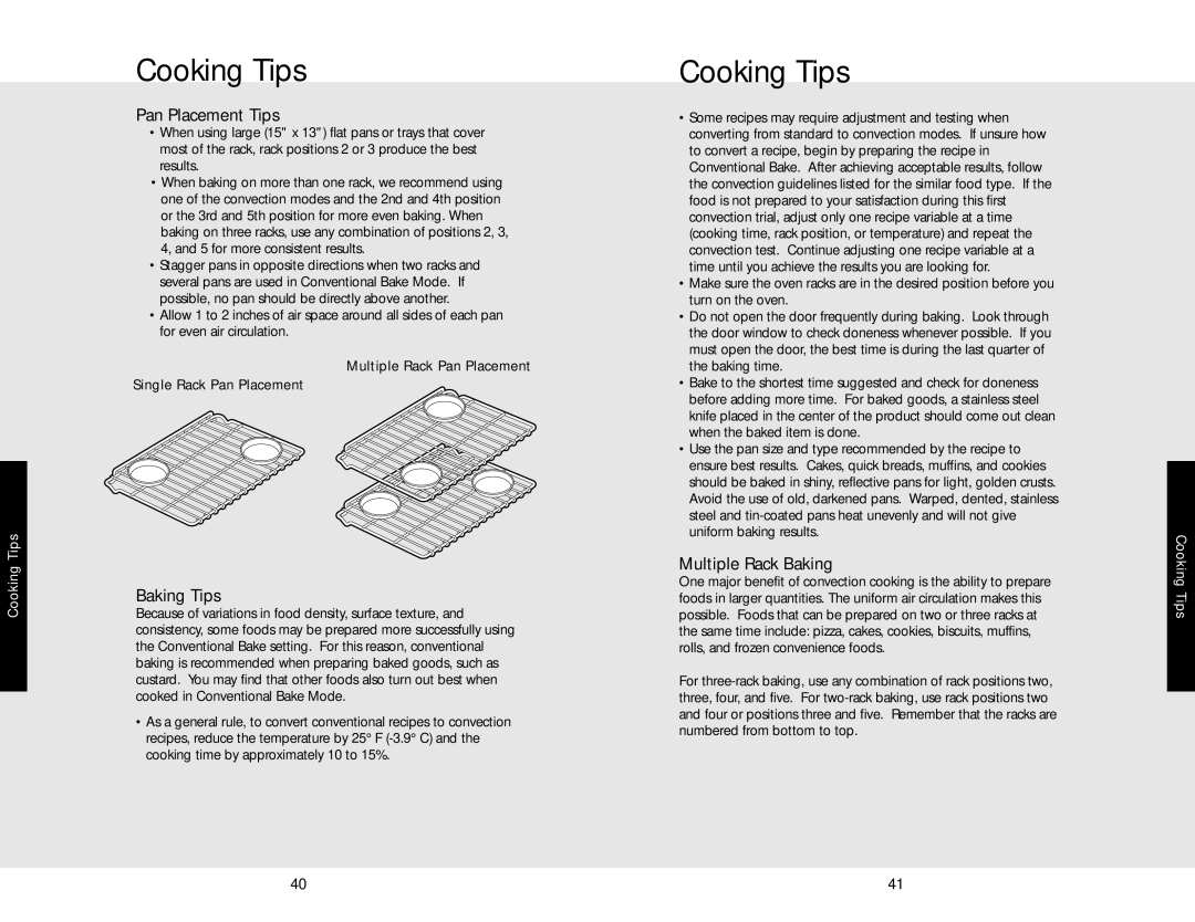 Viking F20366B, DEDO530TSS, DEDO527TSS manual Pan PlacementTips, Baking Tips, Multiple Rack Baking 