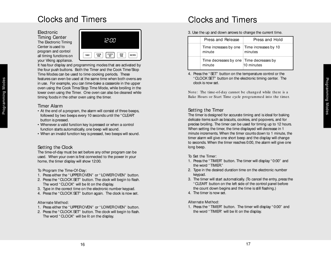 Viking F20366B Clocks and Timers, Timer Alarm, Setting the Clock, Setting the Timer, Press and Release Press and Hold 