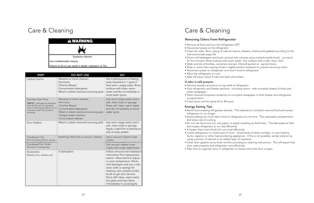 Viking F20394E EN manual Care & Cleaning, Removing Odors From Refrigerator, Energy Saving Tips 