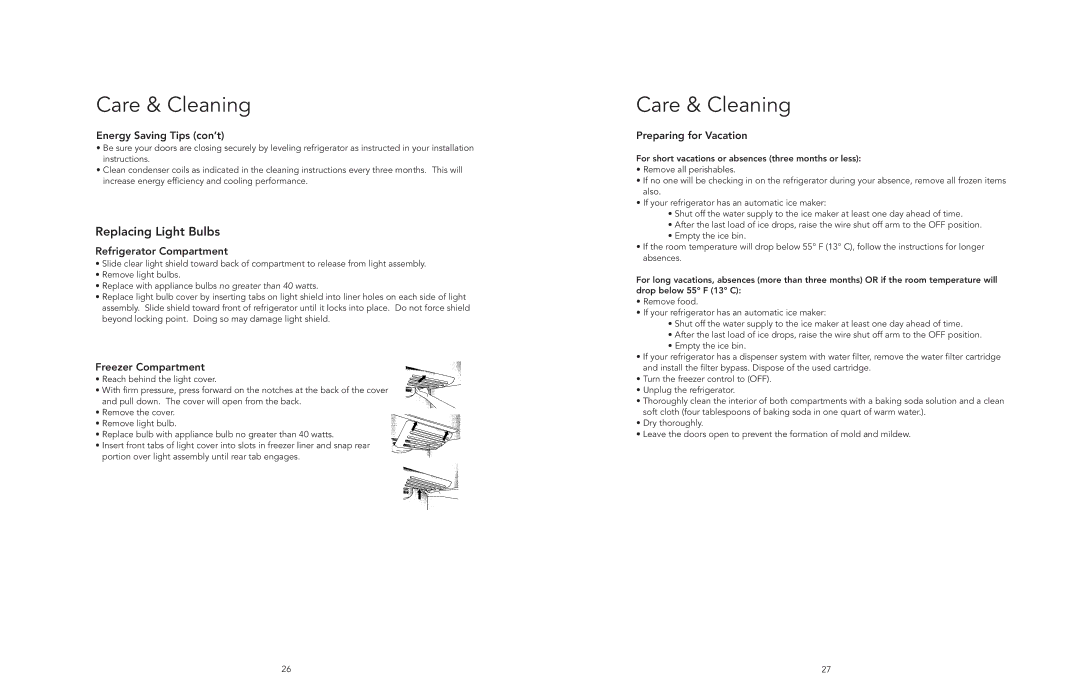 Viking F20394E EN manual Replacing Light Bulbs, Energy Saving Tips con’t, Refrigerator Compartment, Freezer Compartment 