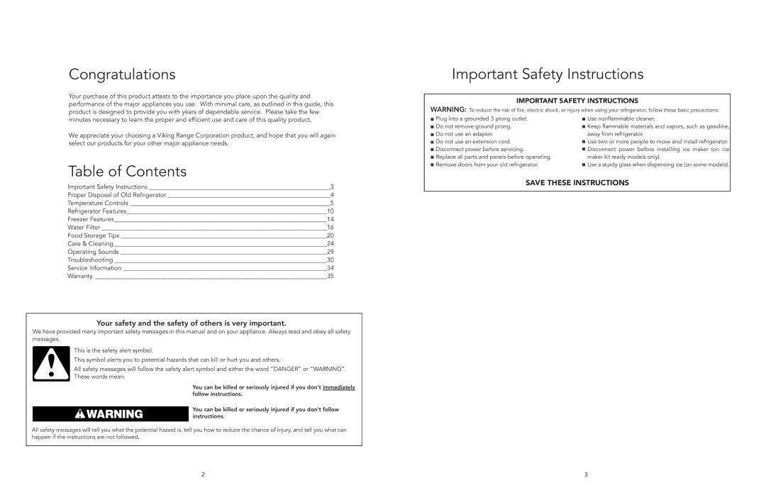 Viking F20394E EN manual Congratulations, Table of Contents, Important Safety Instructions 