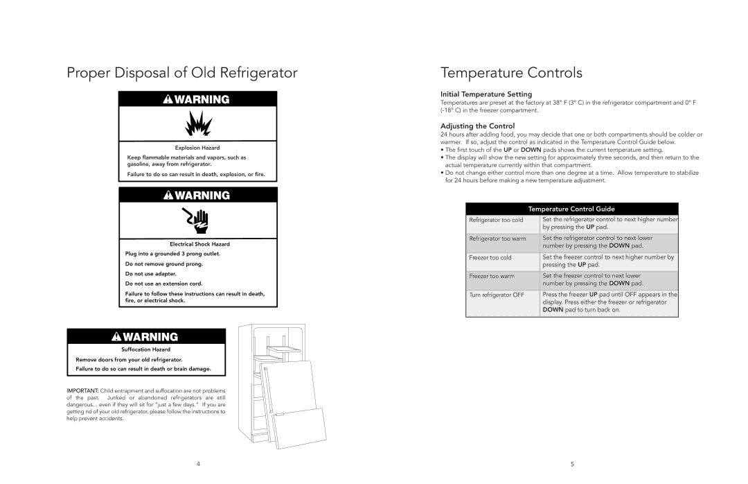 Viking F20394E EN manual Proper Disposal of Old Refrigerator, Temperature Controls, Initial Temperature Setting 